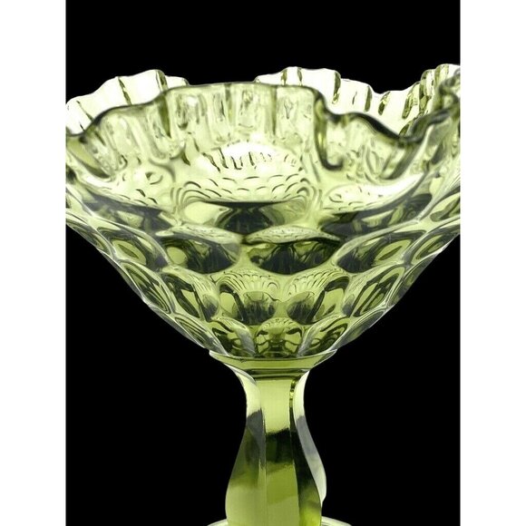 Compote Candy Dish Pedestal Green Thumb Print Ruffle 7" Height Vintage - Picture 4 of 8